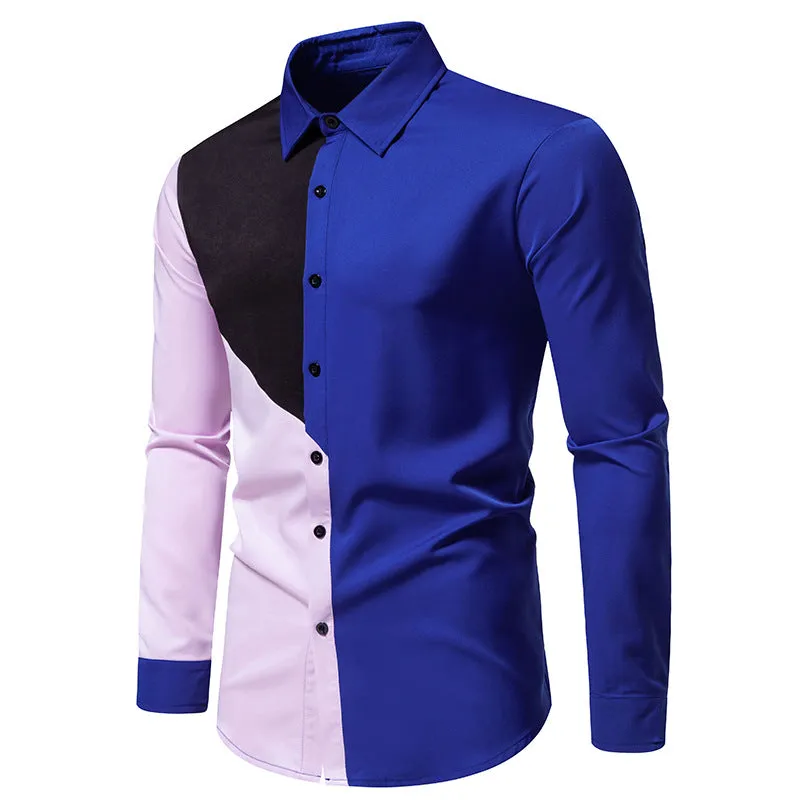 Men Turnover Collar Patchwork Long Sleeves Shirt