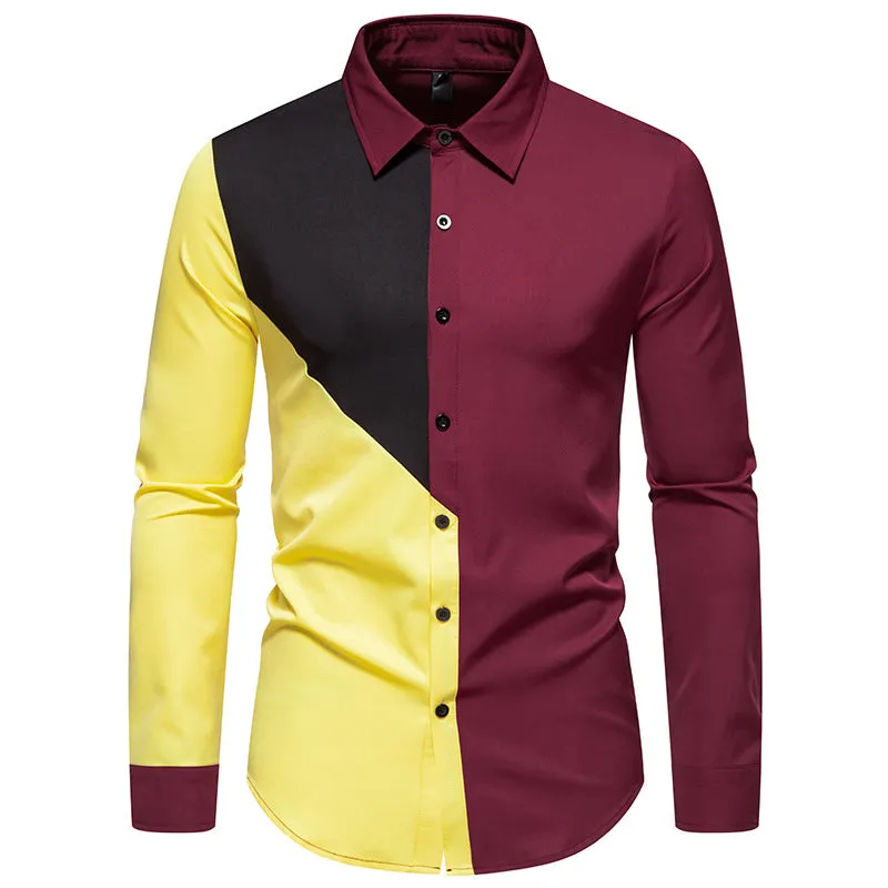 Men Turnover Collar Patchwork Long Sleeves Shirt