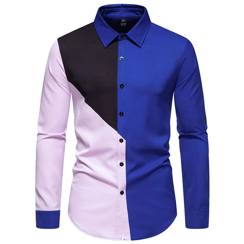 Men Turnover Collar Patchwork Long Sleeves Shirt