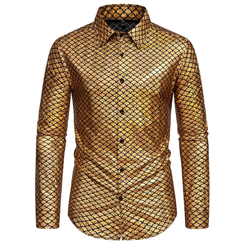 Men Turnover Collar Scales Glossy Long Sleeves Shirt