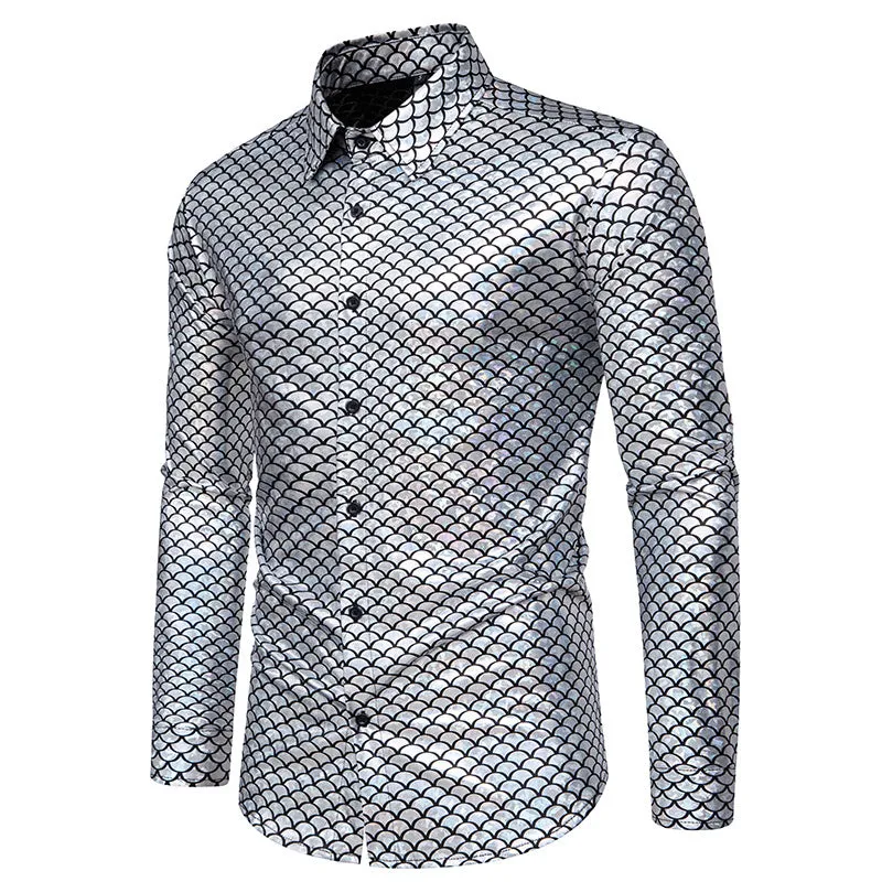 Men Turnover Collar Scales Glossy Long Sleeves Shirt