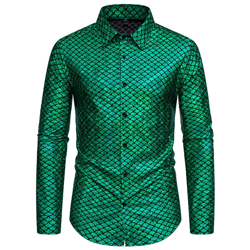 Men Turnover Collar Scales Glossy Long Sleeves Shirt