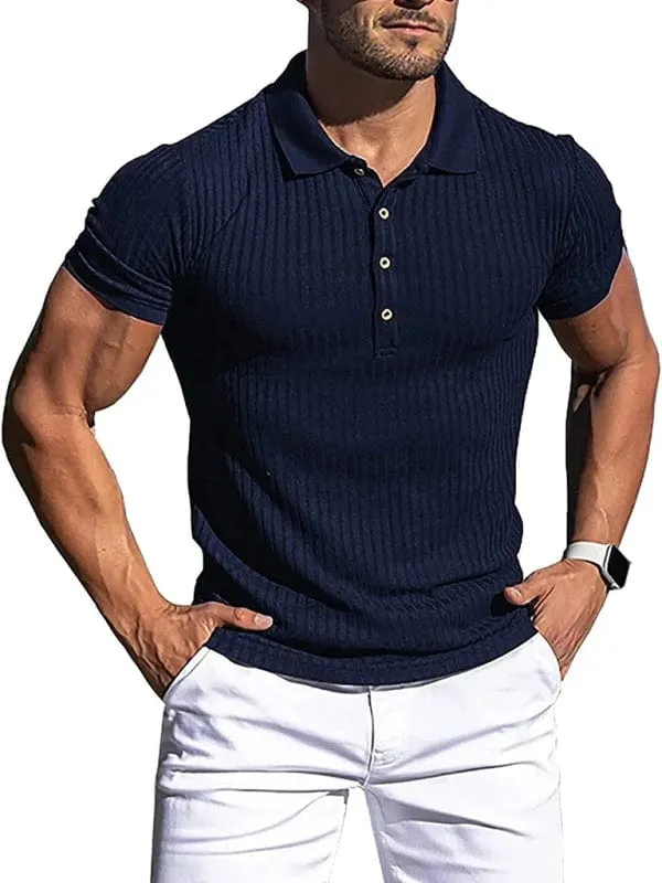 Men's Cotton High Stretch Slim Fit Vertical Stripe Short Sleeve Polo Shirt