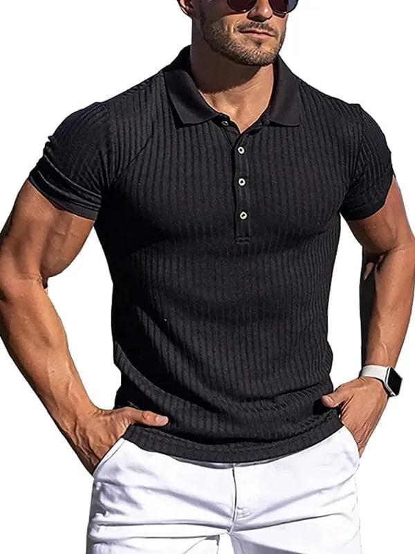 Men's Cotton High Stretch Slim Fit Vertical Stripe Short Sleeve Polo Shirt