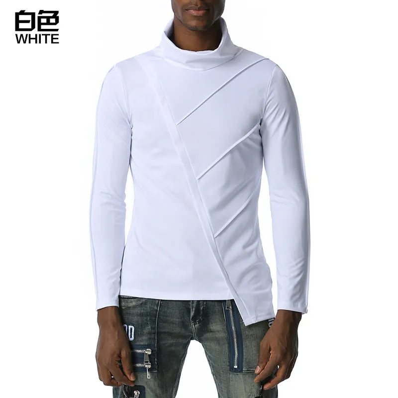 Men's Dark Slim Fit Turtle Neck Irregularity Long Sleeves T-shirt