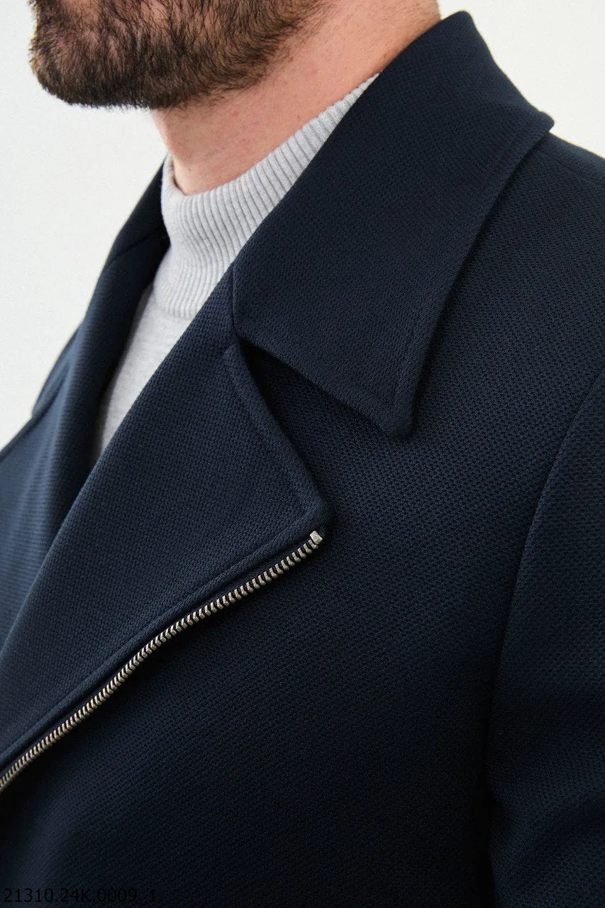 Men's Navy Blue Asymmetrical Zip Cotton Blend Winter Coat.