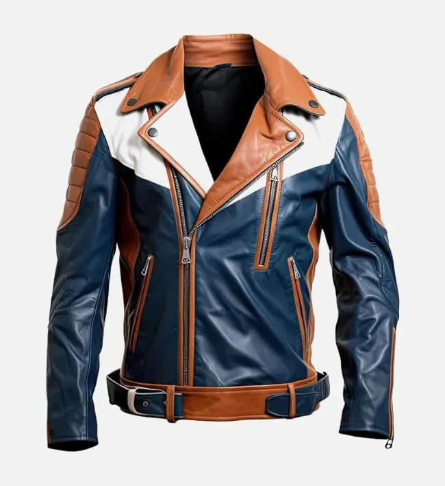 Men’s Navy Blue Brown Biker Belted Leather Jacket