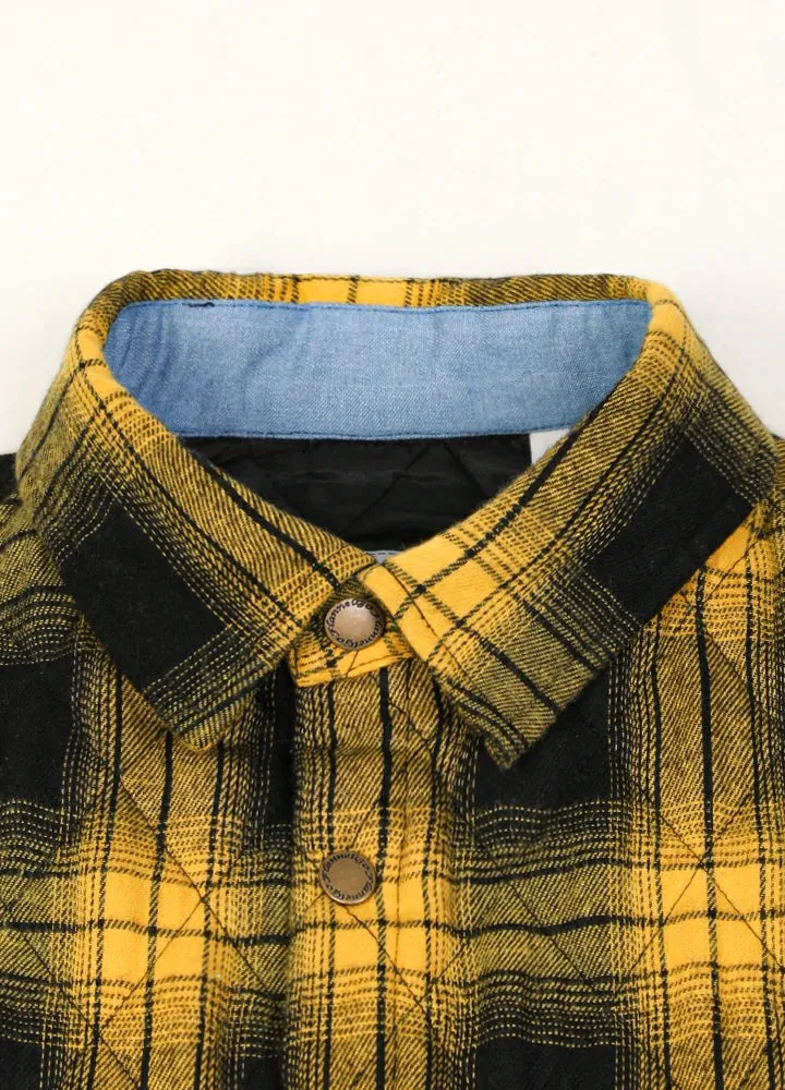 Men's Quilt Lined Plaid Jacket,Snap Button Shacket