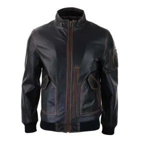 Mens Real Leather Bomber Jacket Black Brown Vintage High Collar Zipped