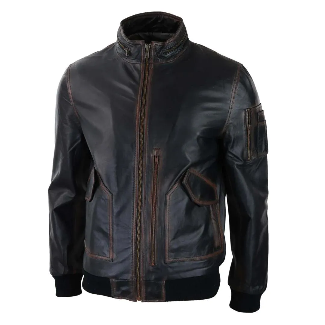 Mens Real Leather Bomber Jacket Black Brown Vintage High Collar Zipped