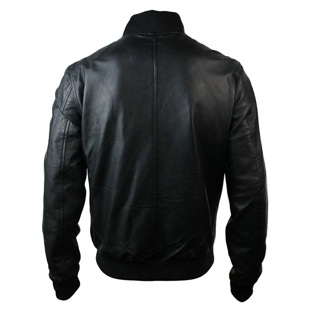 Mens Slim Fit Real Leather Black Varsity Bomber Jacket Classic Retro Black Brown