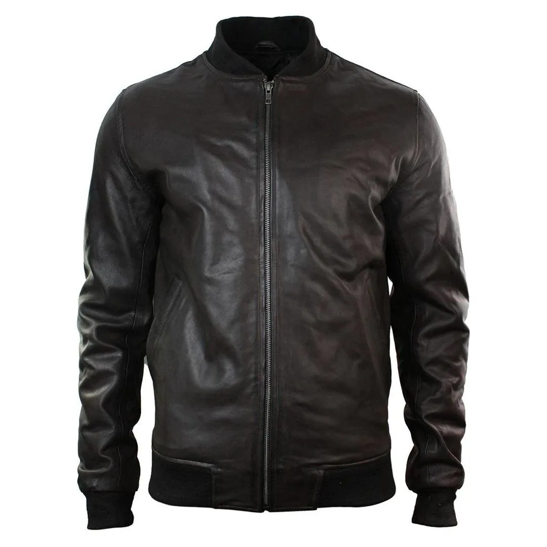 Mens Slim Fit Real Leather Black Varsity Bomber Jacket Classic Retro Black Brown