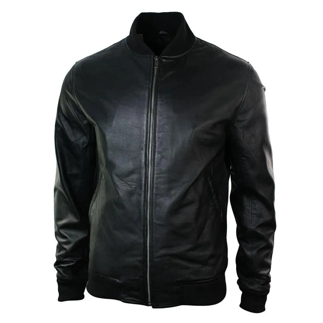 Mens Slim Fit Real Leather Black Varsity Bomber Jacket Classic Retro Black Brown