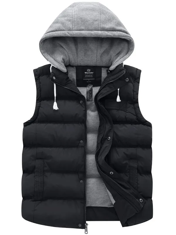 Men's Winter Quilted Vest Removable Hooded Sleeveless Gilet