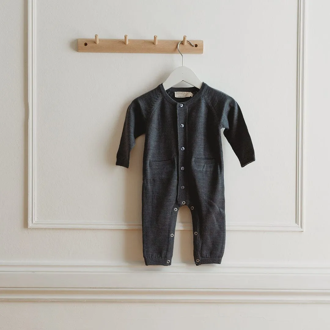 Merino Kids All-In-One Button Through Bodysuit - Dark Slate