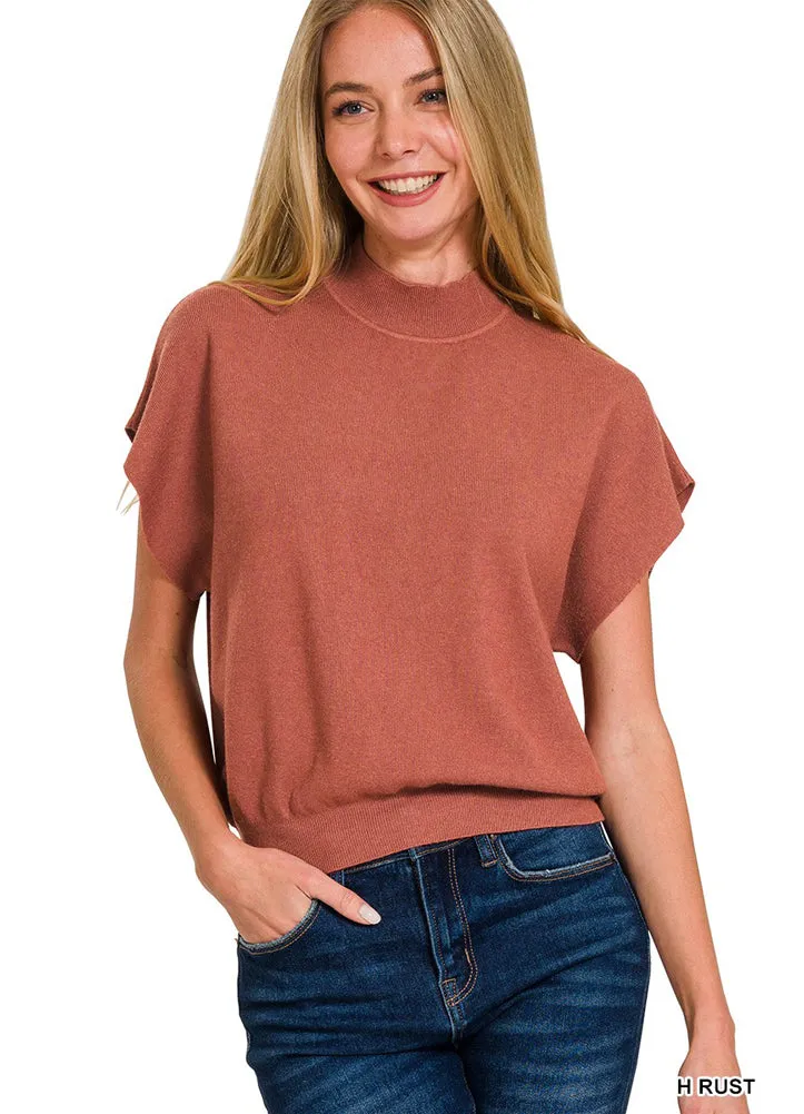 Mock Neck Dolman Sleeve Sweater in Rust by Zenana