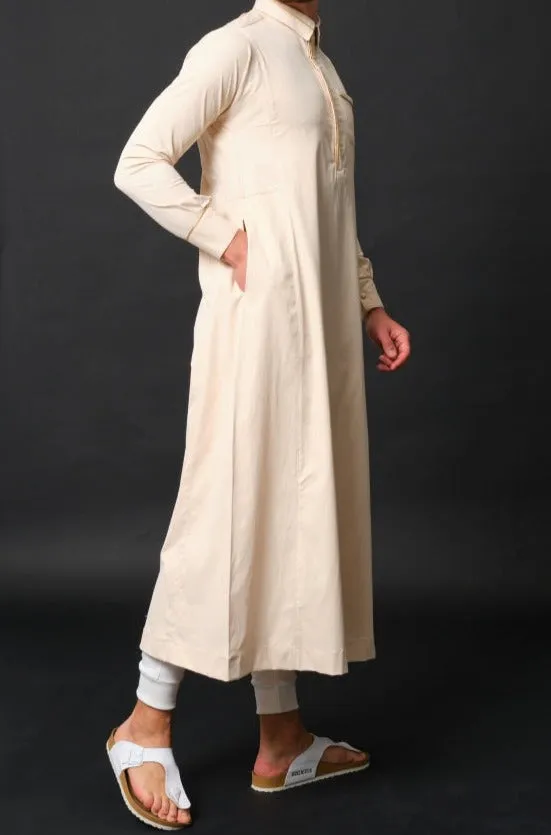 Muslim Men's Long Thobe Smart Kamees SL QL in Beige and Gold