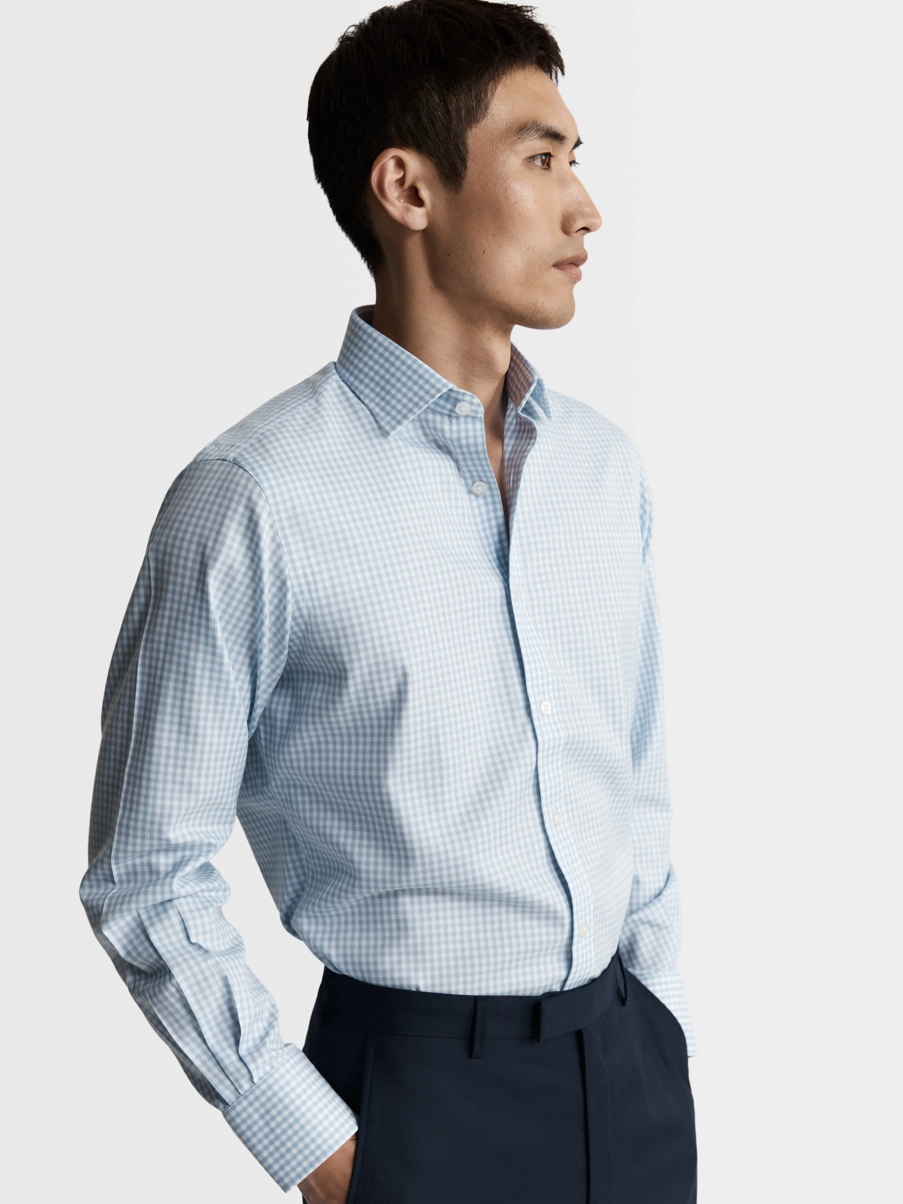 Non-Iron Light Blue Gingham Twill Fitted Single Cuff Classic Collar Shirt