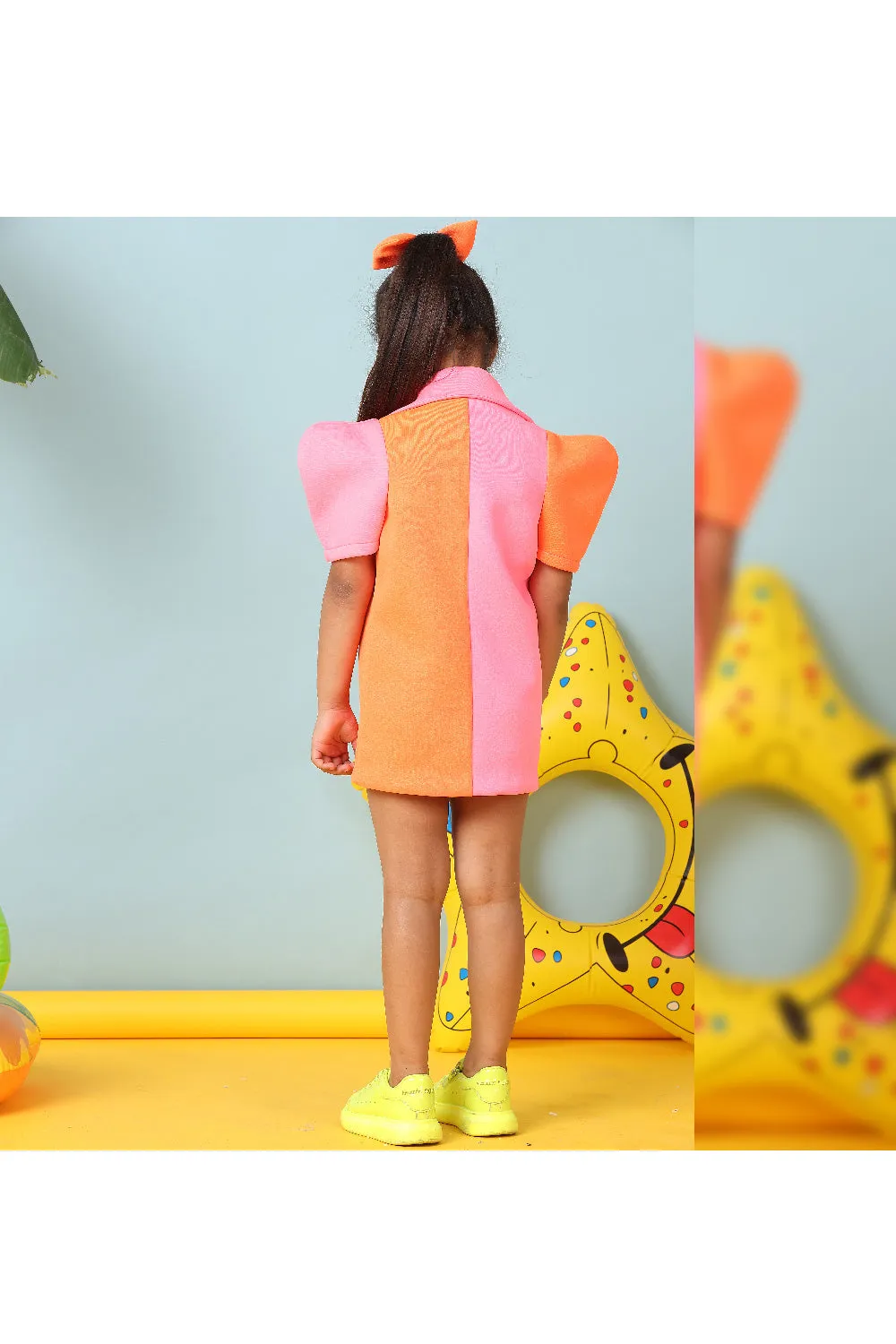 Orange and pink neon color asymmetrical coat dress