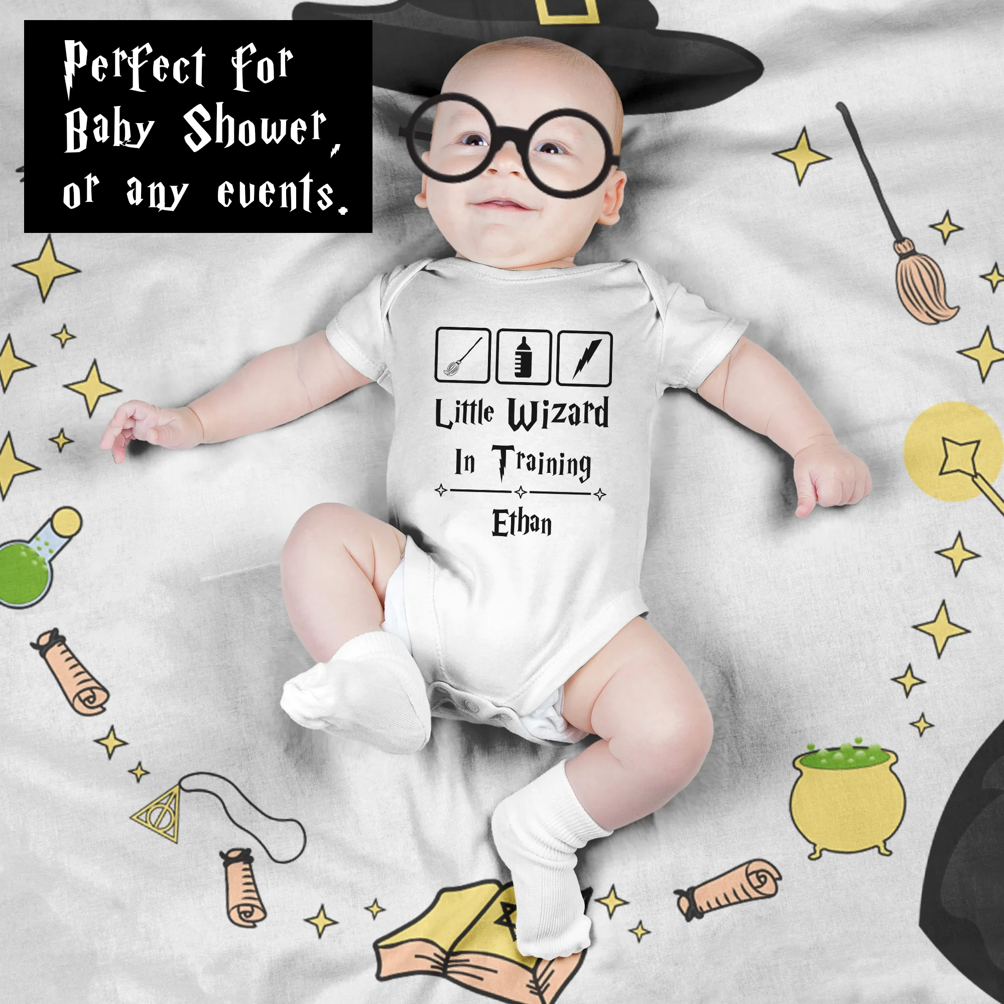 Personalized Little Wizard Baby Gift Bundle - Monthly Milestone Blanket & Baby Bodysuit