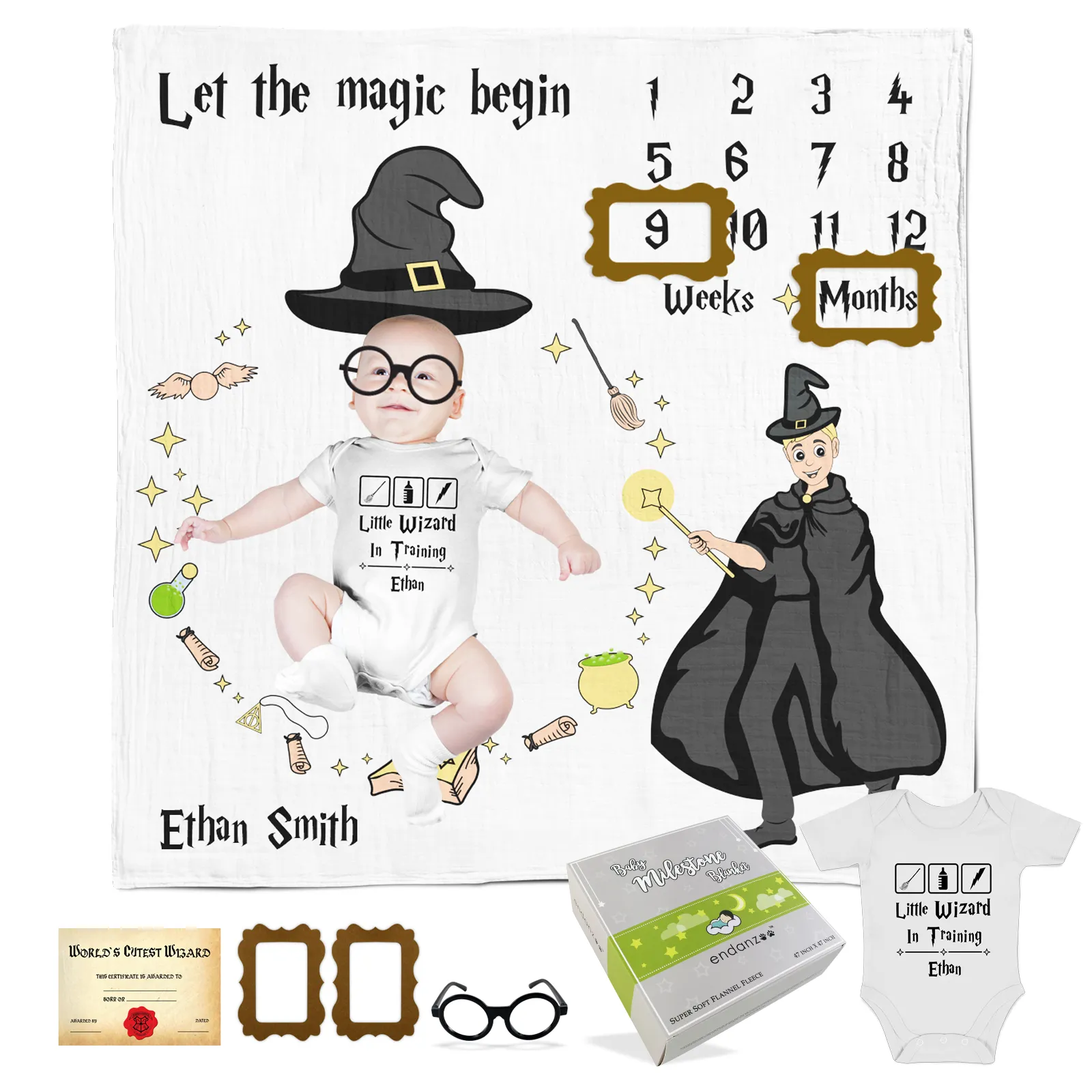 Personalized Little Wizard Baby Gift Bundle - Monthly Milestone Blanket & Baby Bodysuit