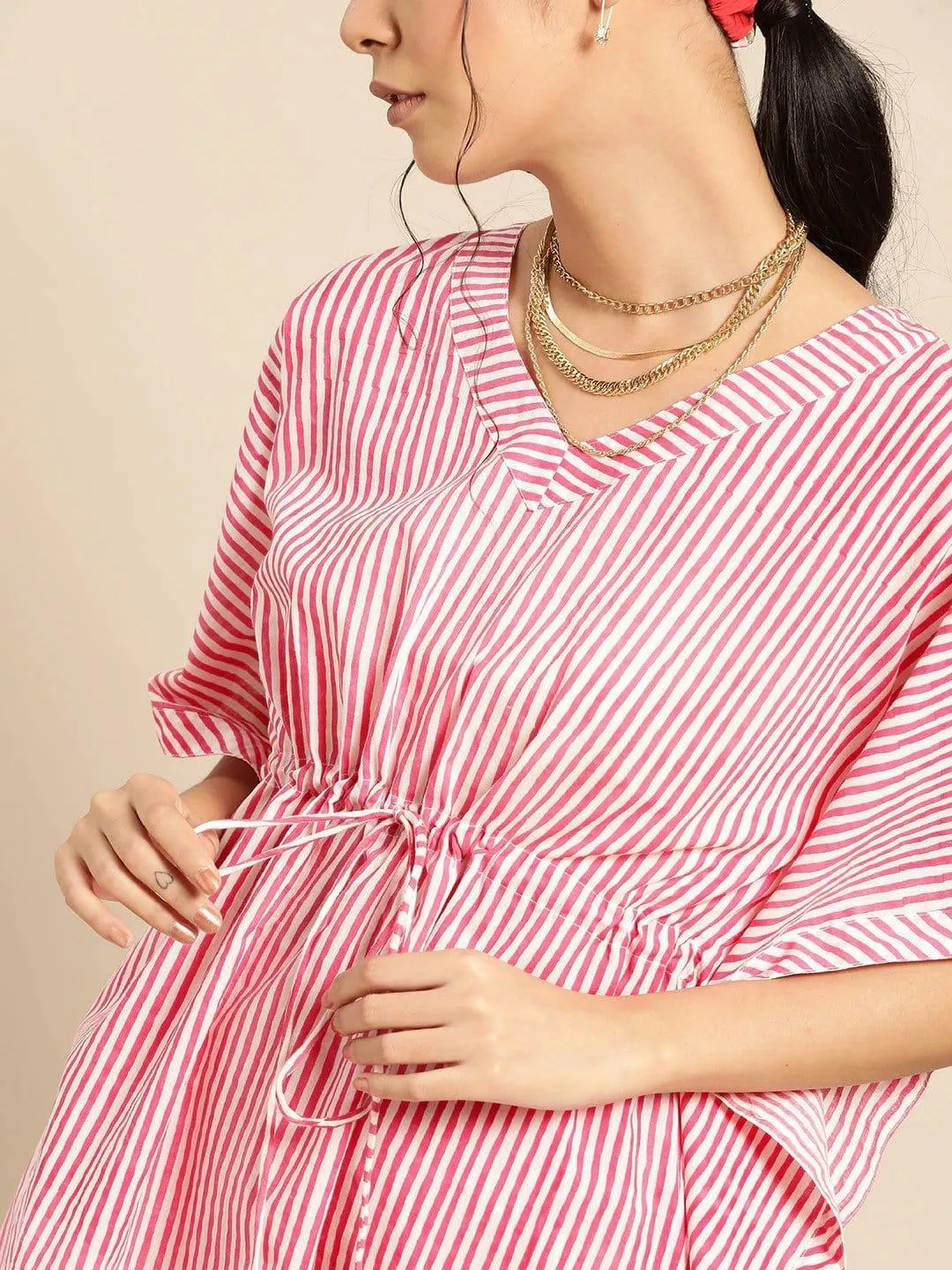 Pink & White Pure Cotton Striped Tunic with Palazzos