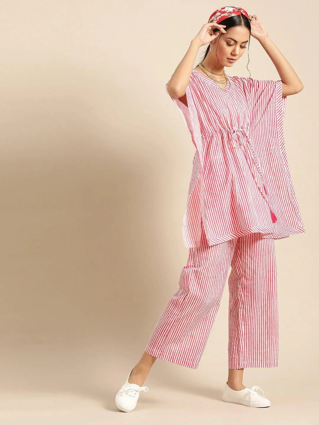 Pink & White Pure Cotton Striped Tunic with Palazzos