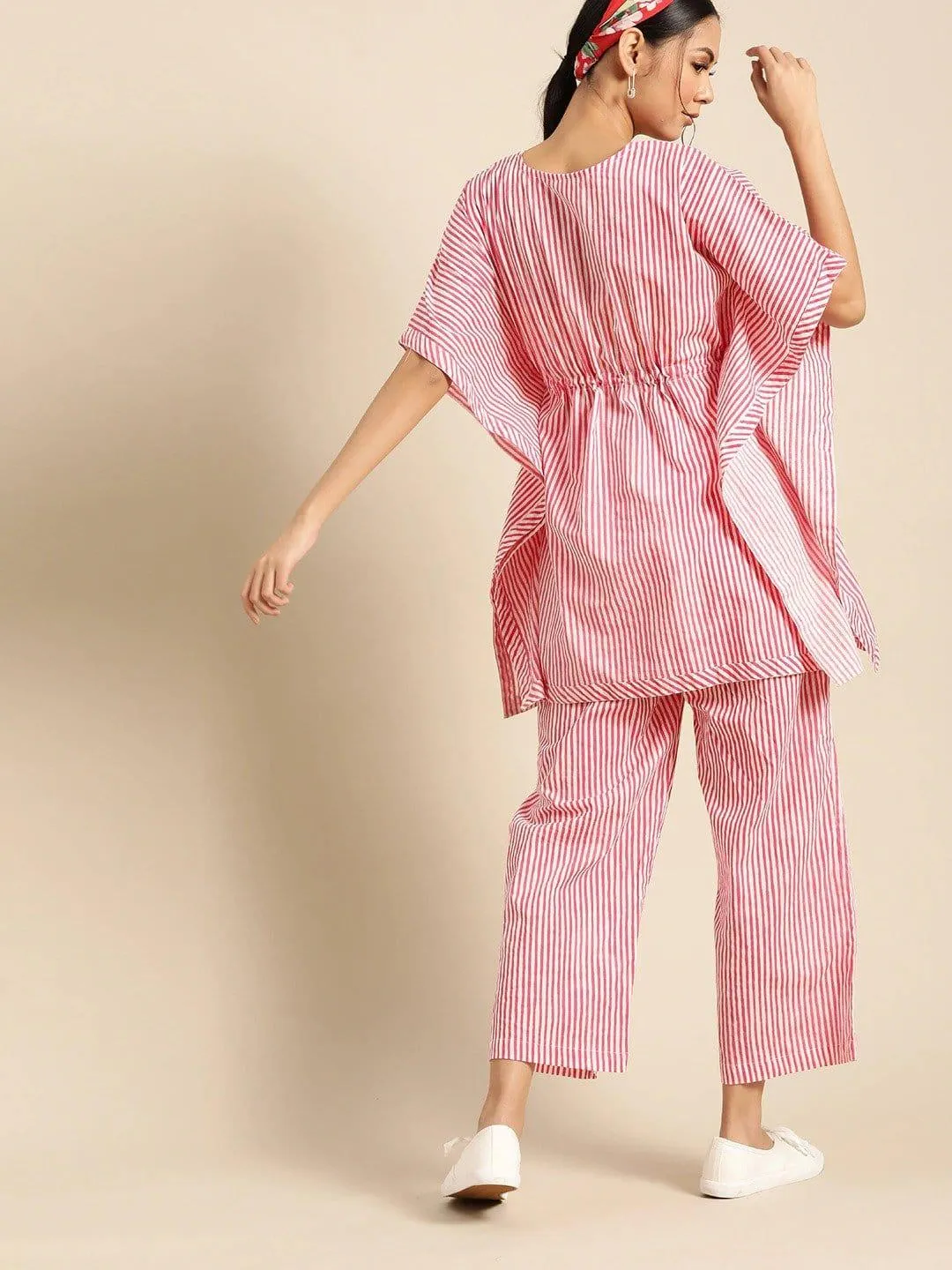 Pink & White Pure Cotton Striped Tunic with Palazzos