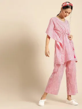 Pink & White Pure Cotton Striped Tunic with Palazzos