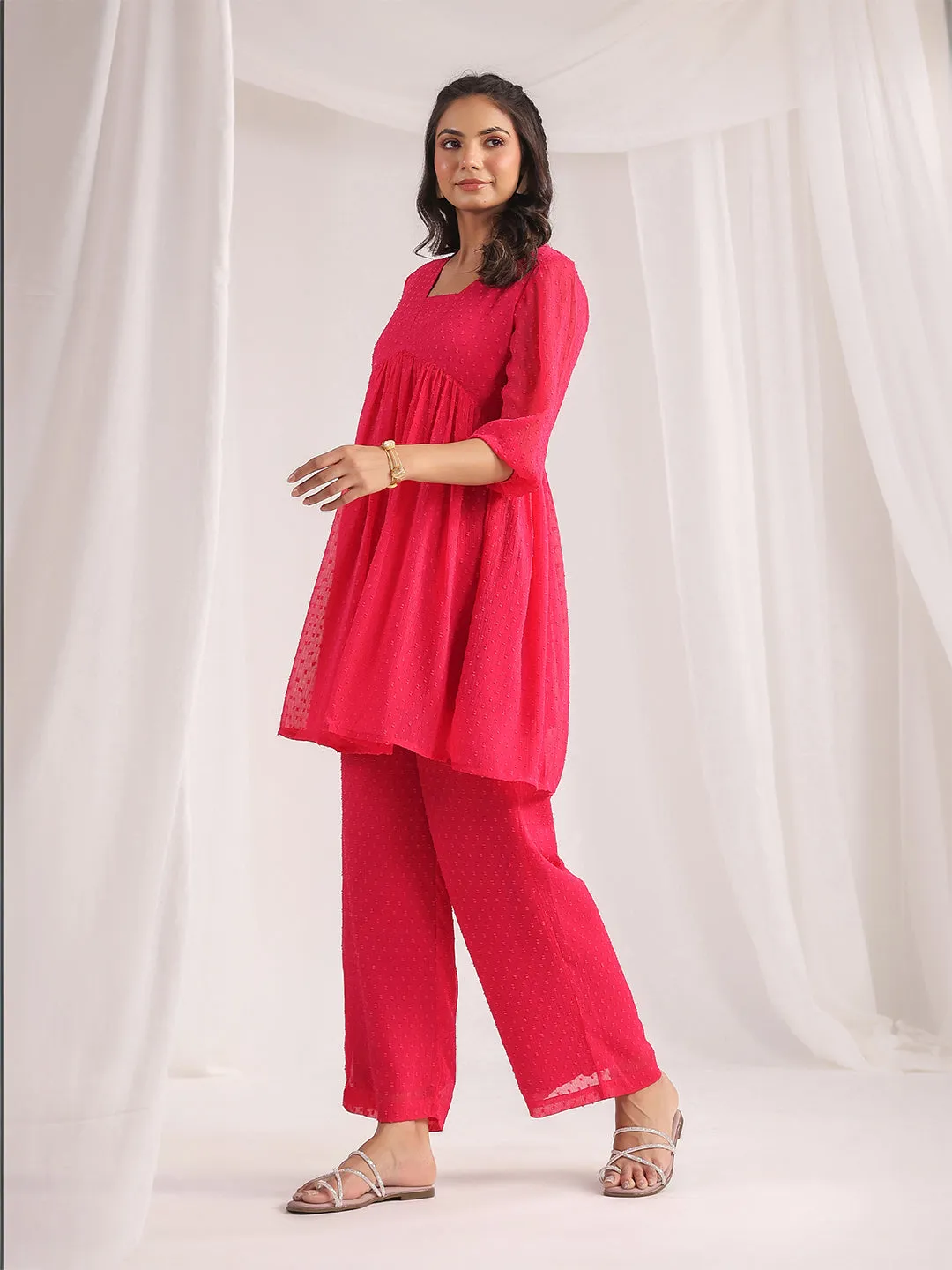 Pink Dobby Georgette Self Design Gathered Co-ord Set