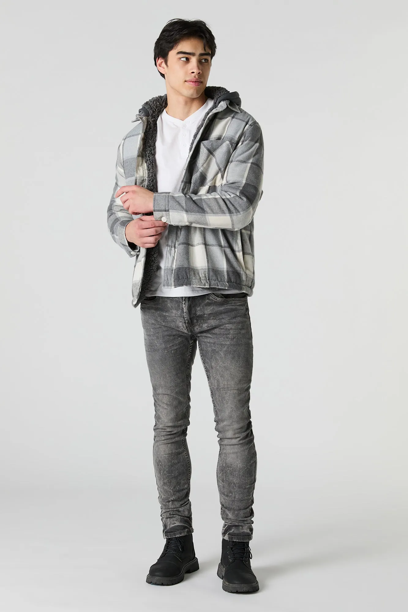 Plaid Sherpa Lined Hooded Shacket