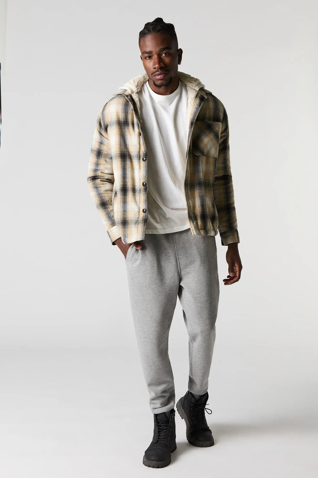 Plaid Sherpa Lined Hooded Shacket