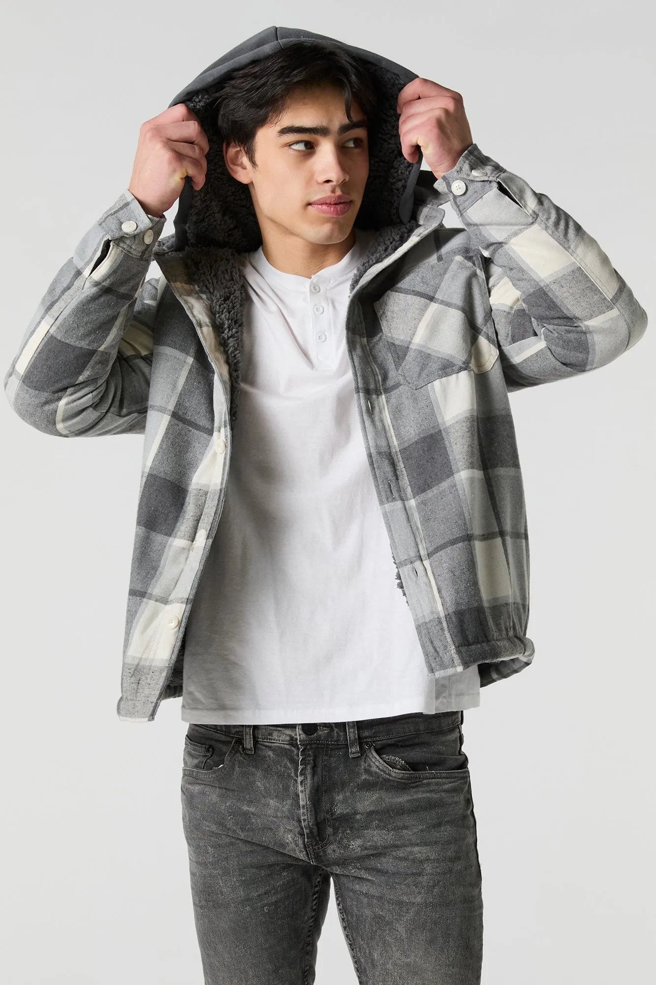 Plaid Sherpa Lined Hooded Shacket