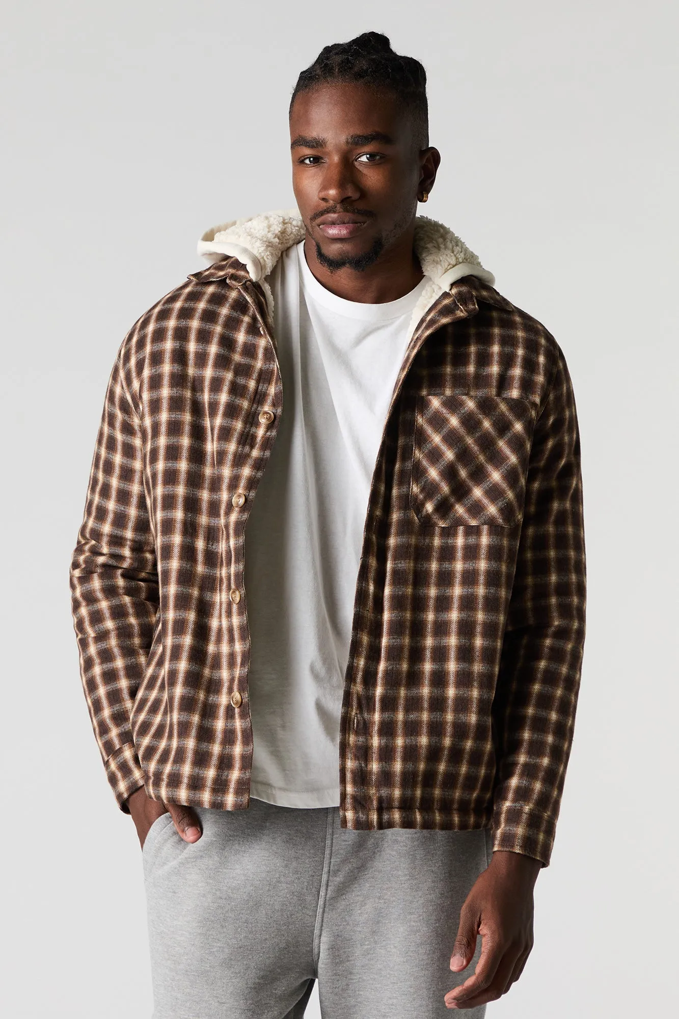 Plaid Sherpa Lined Hooded Shacket