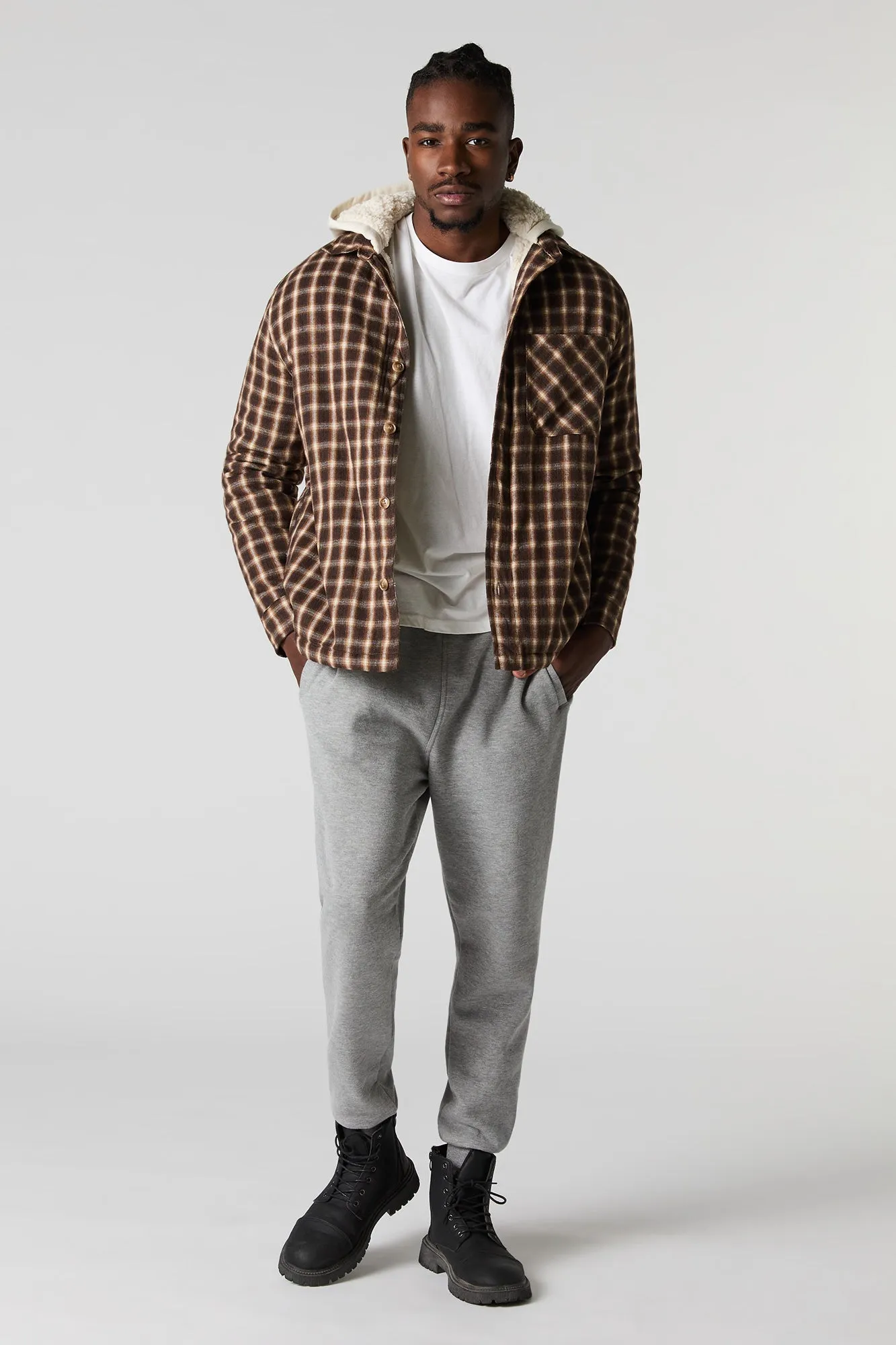 Plaid Sherpa Lined Hooded Shacket