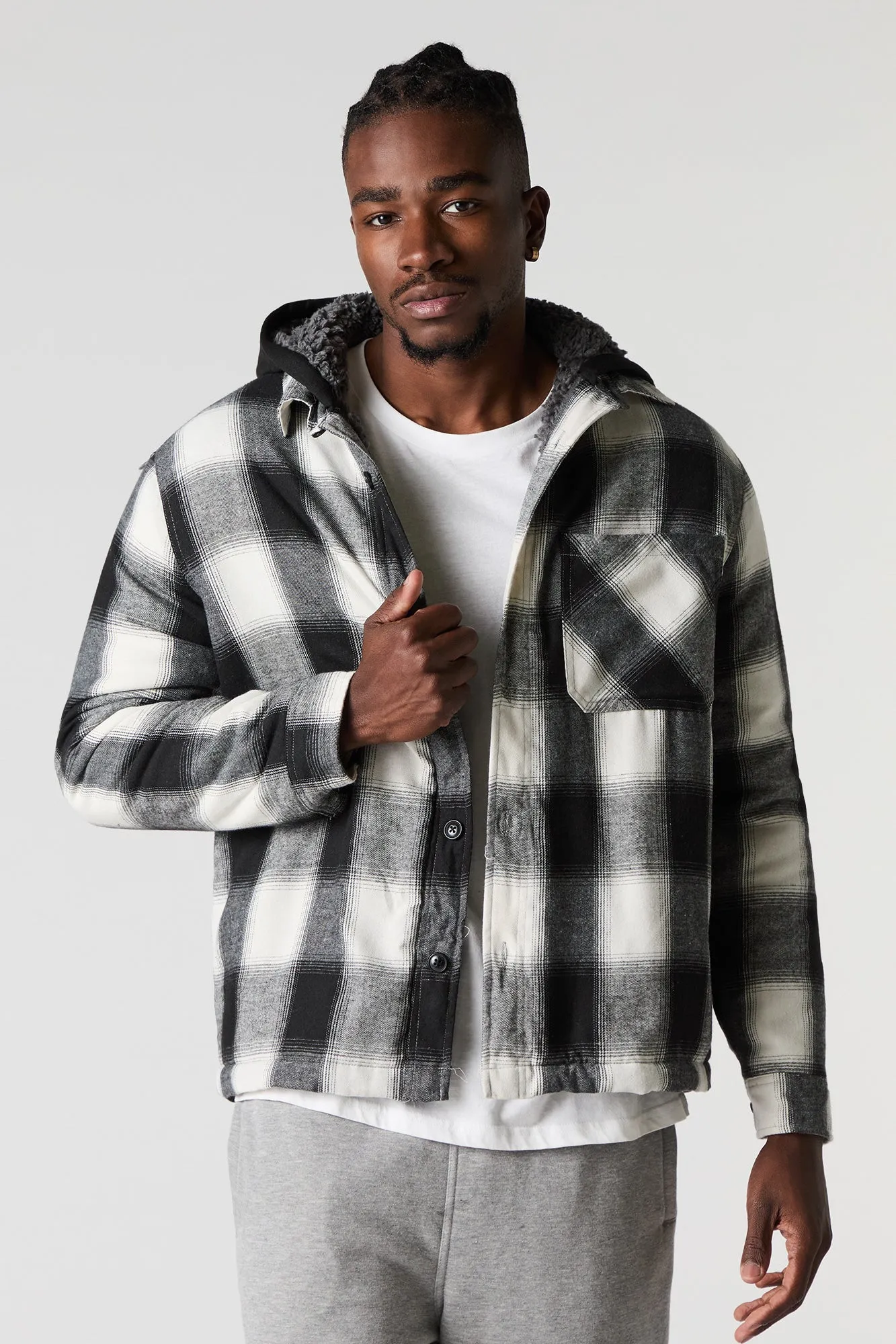 Plaid Sherpa Lined Hooded Shacket