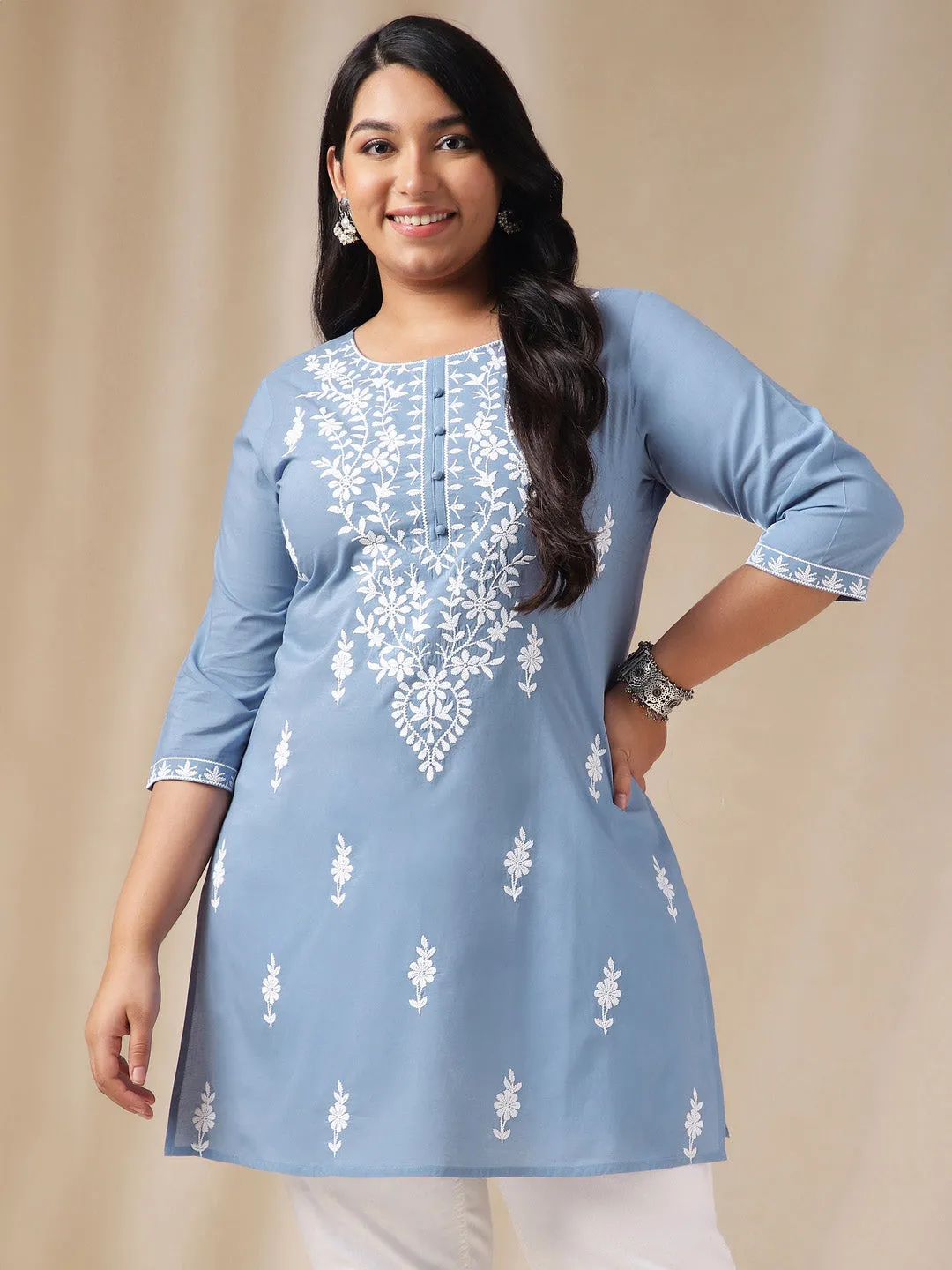 Plus Size Blue Cotton Chikankari Regular Tunic