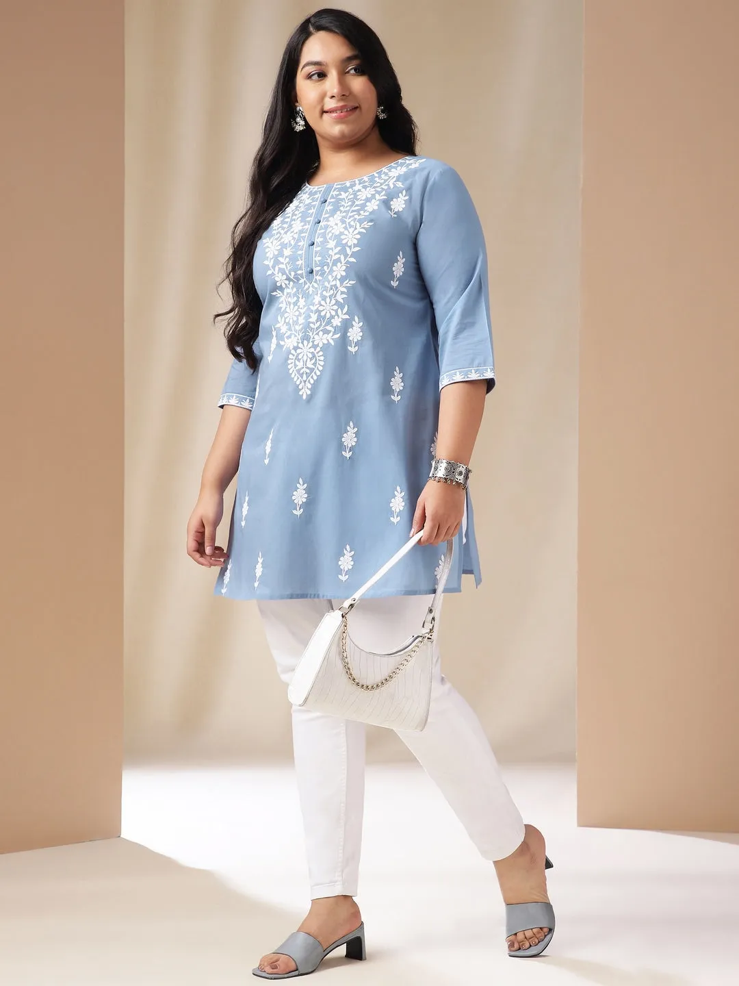 Plus Size Blue Cotton Chikankari Regular Tunic