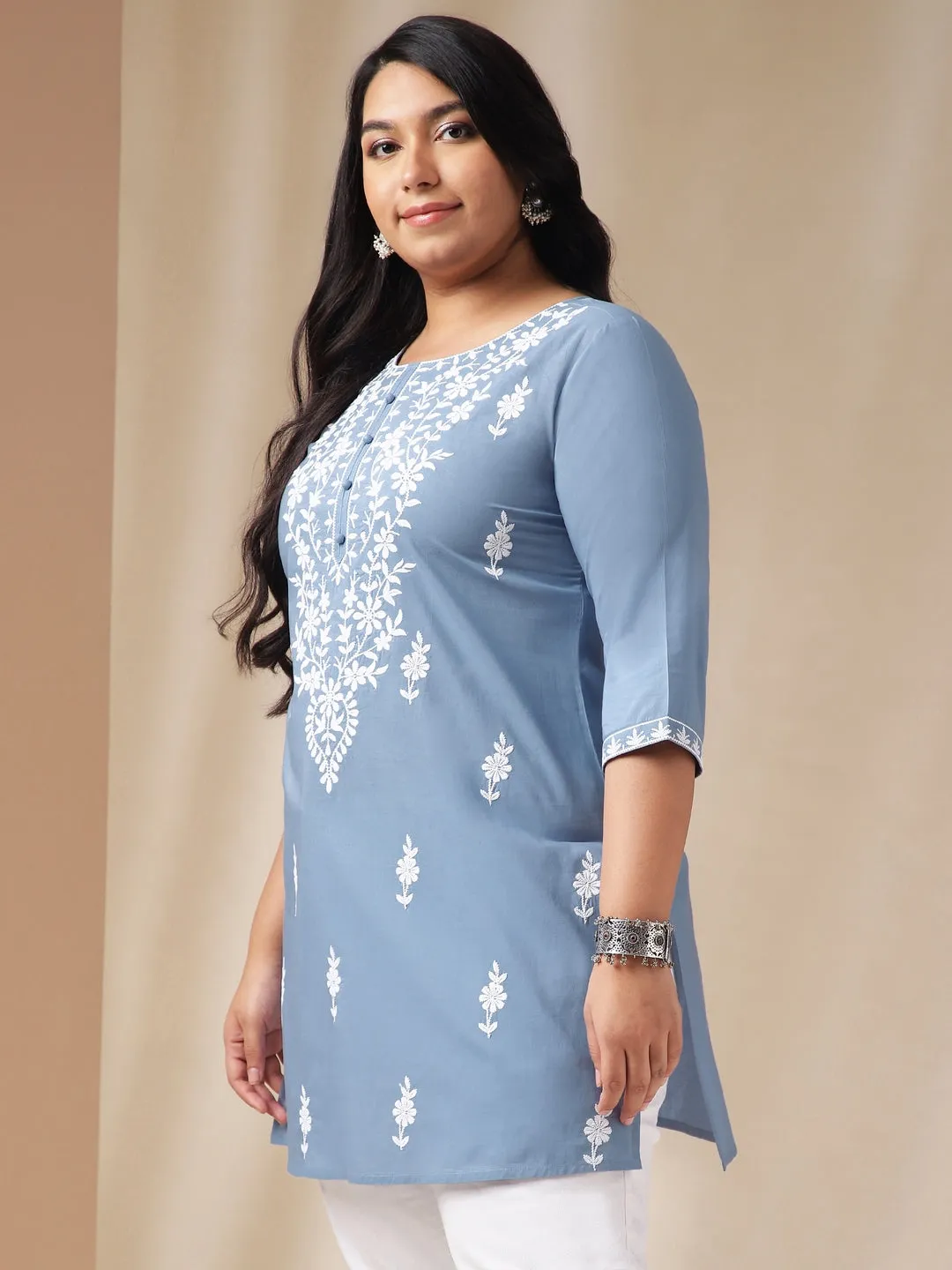 Plus Size Blue Cotton Chikankari Regular Tunic