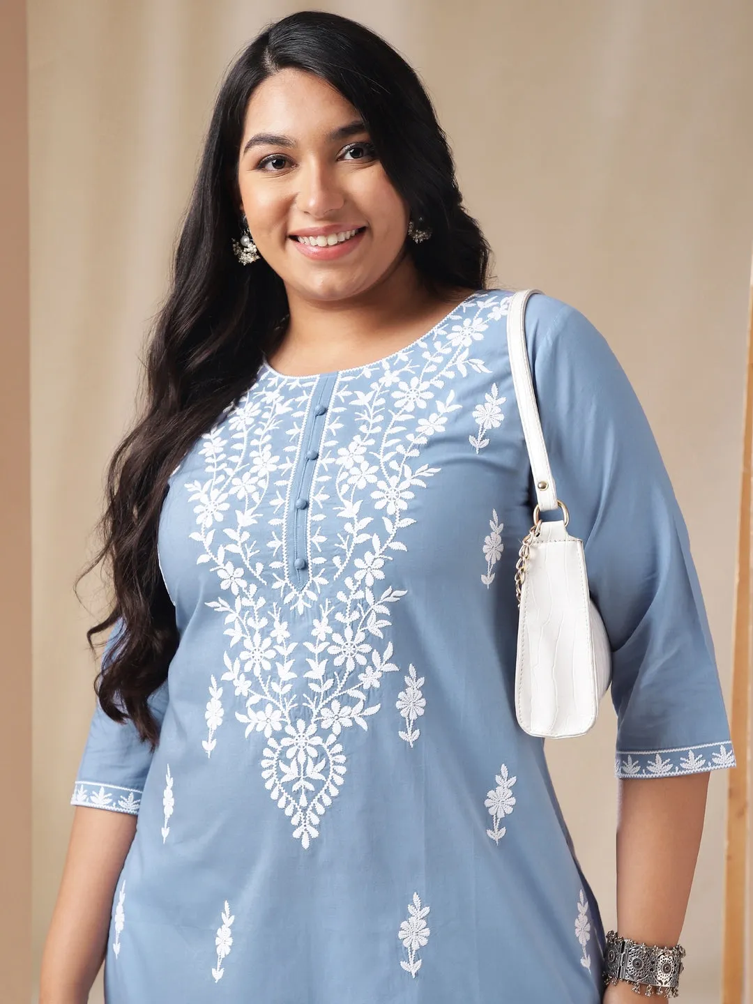 Plus Size Blue Cotton Chikankari Regular Tunic