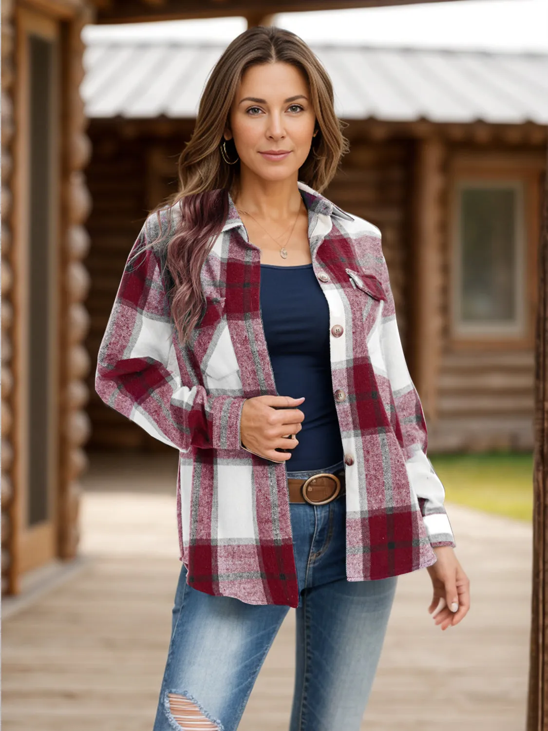 Pocketed Plaid Collared Neck Shacket