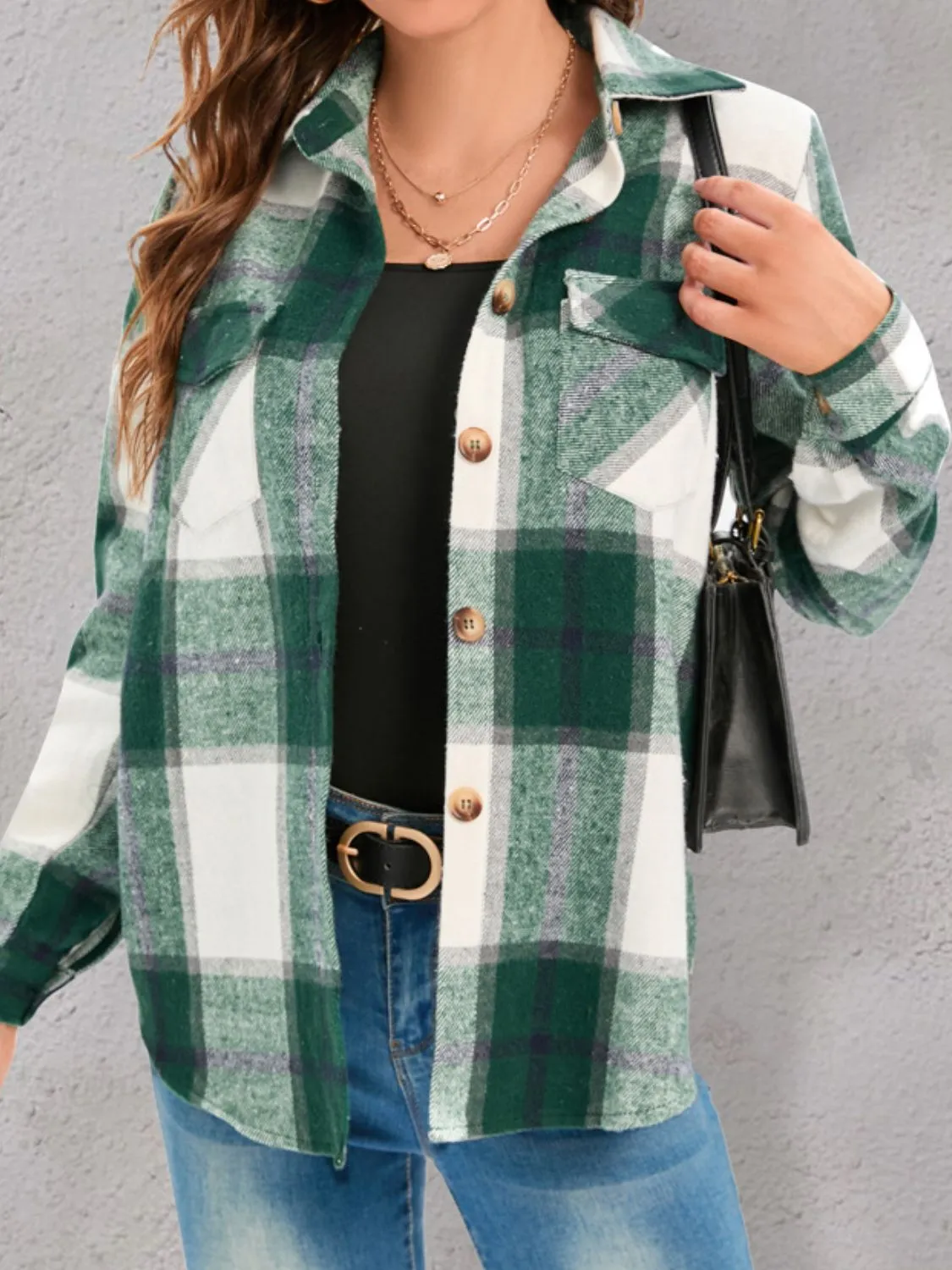 Pocketed Plaid Collared Neck Shacket