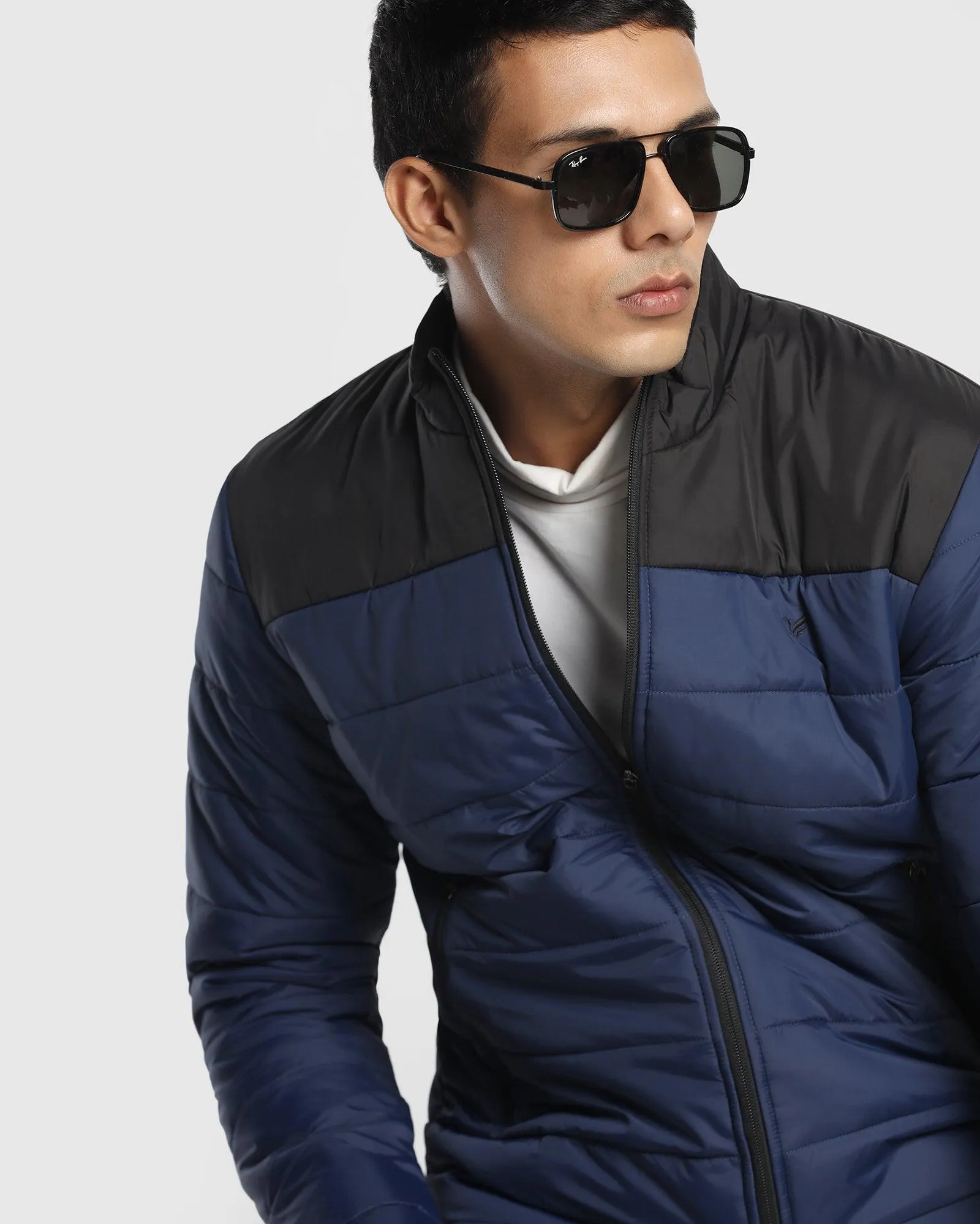 Quilted Blue Solid Zipper Jacket - Steiner