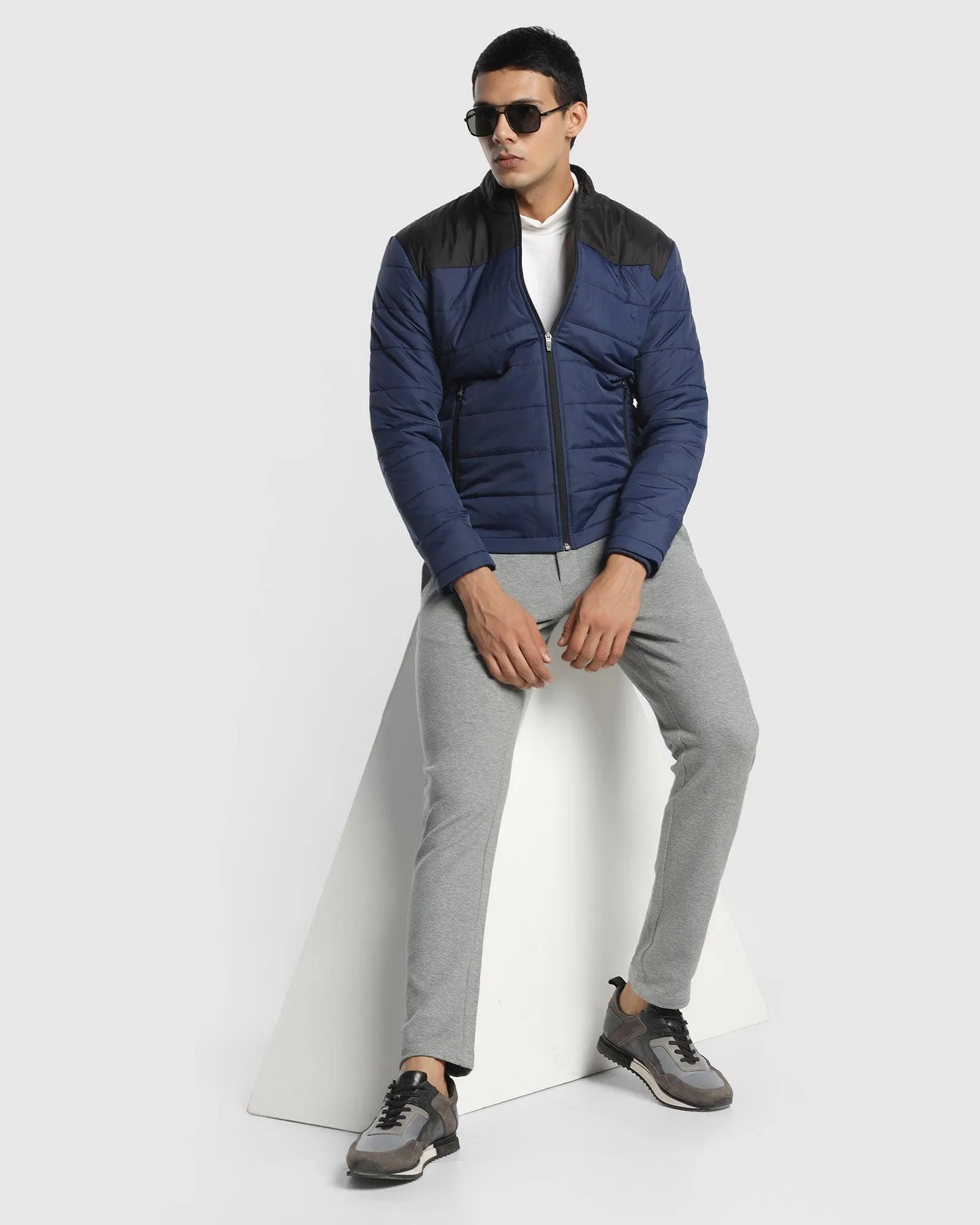 Quilted Blue Solid Zipper Jacket - Steiner