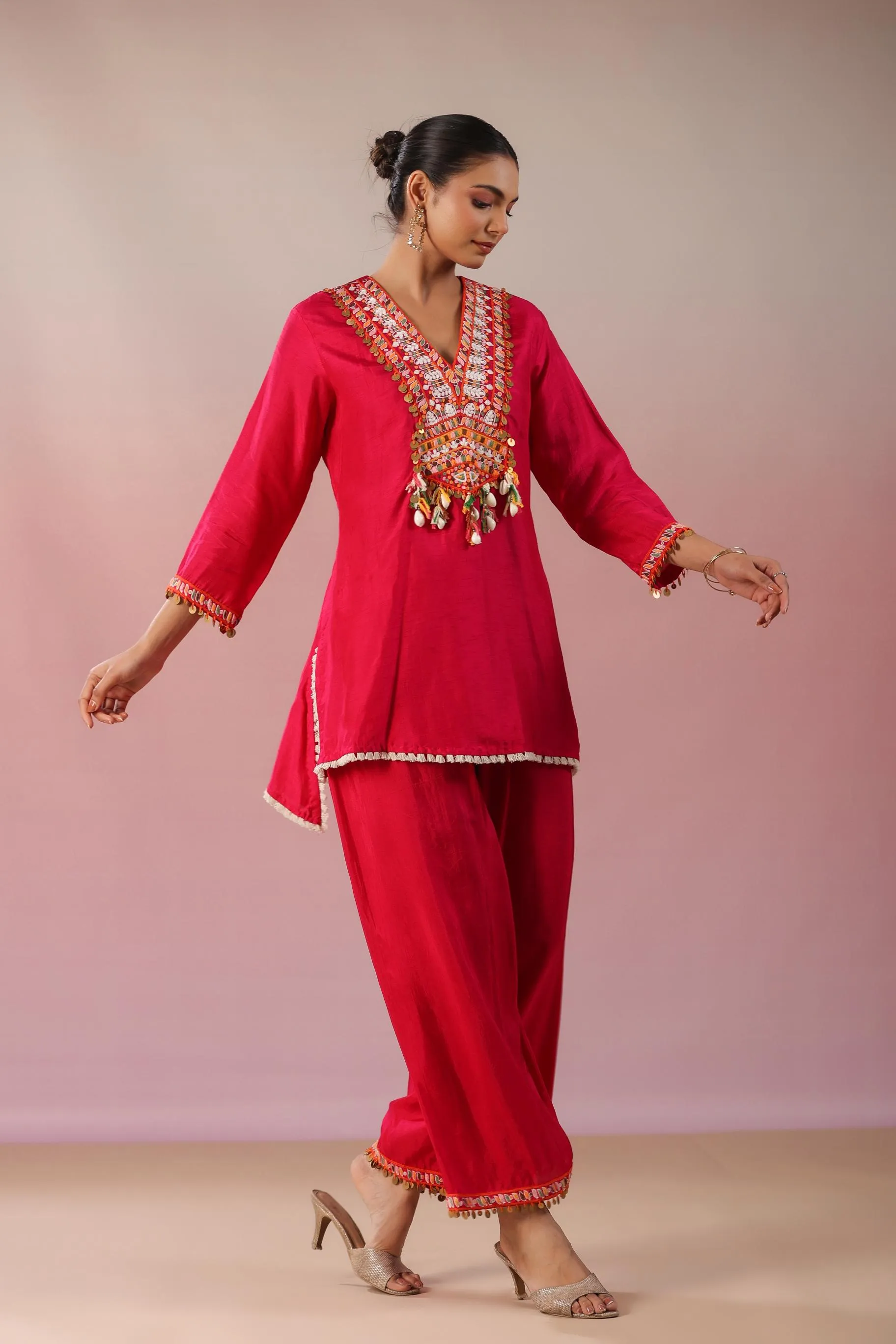 Rani Pink Embroidered Raw Silk Co-Ord Set