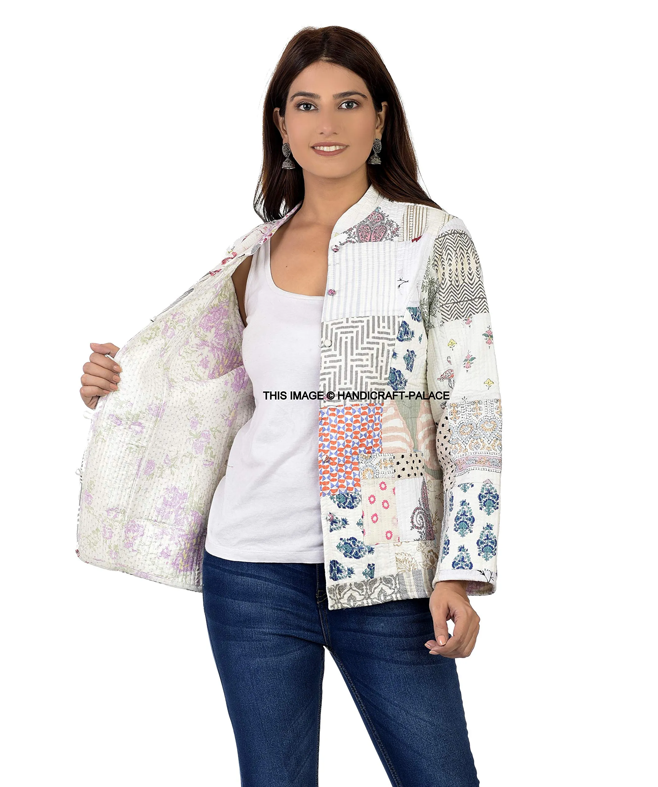 Ravaiyaa - Attitude is everything Women Reversible Floral Print Jacket Women's Quilted Jacket Girls Patchwork Decor Coat Cotton Blazer Jacket Long Sleeve (White, X-Large)