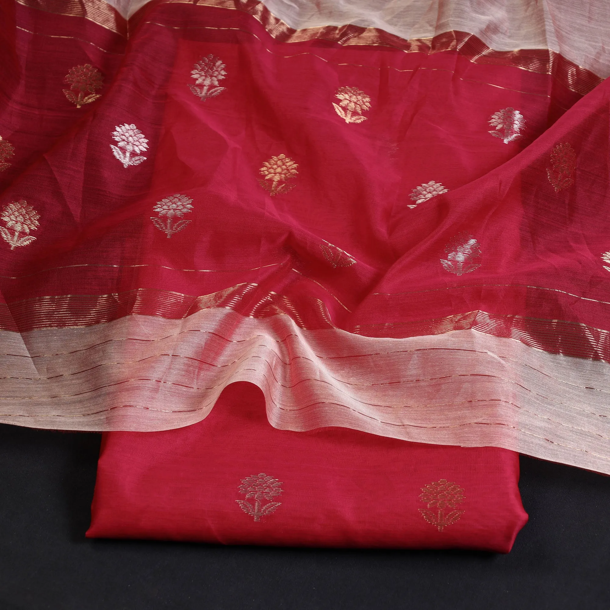 Red - 2pc Chanderi Silk Cotton Handloom Zari Buta Suit Material Set