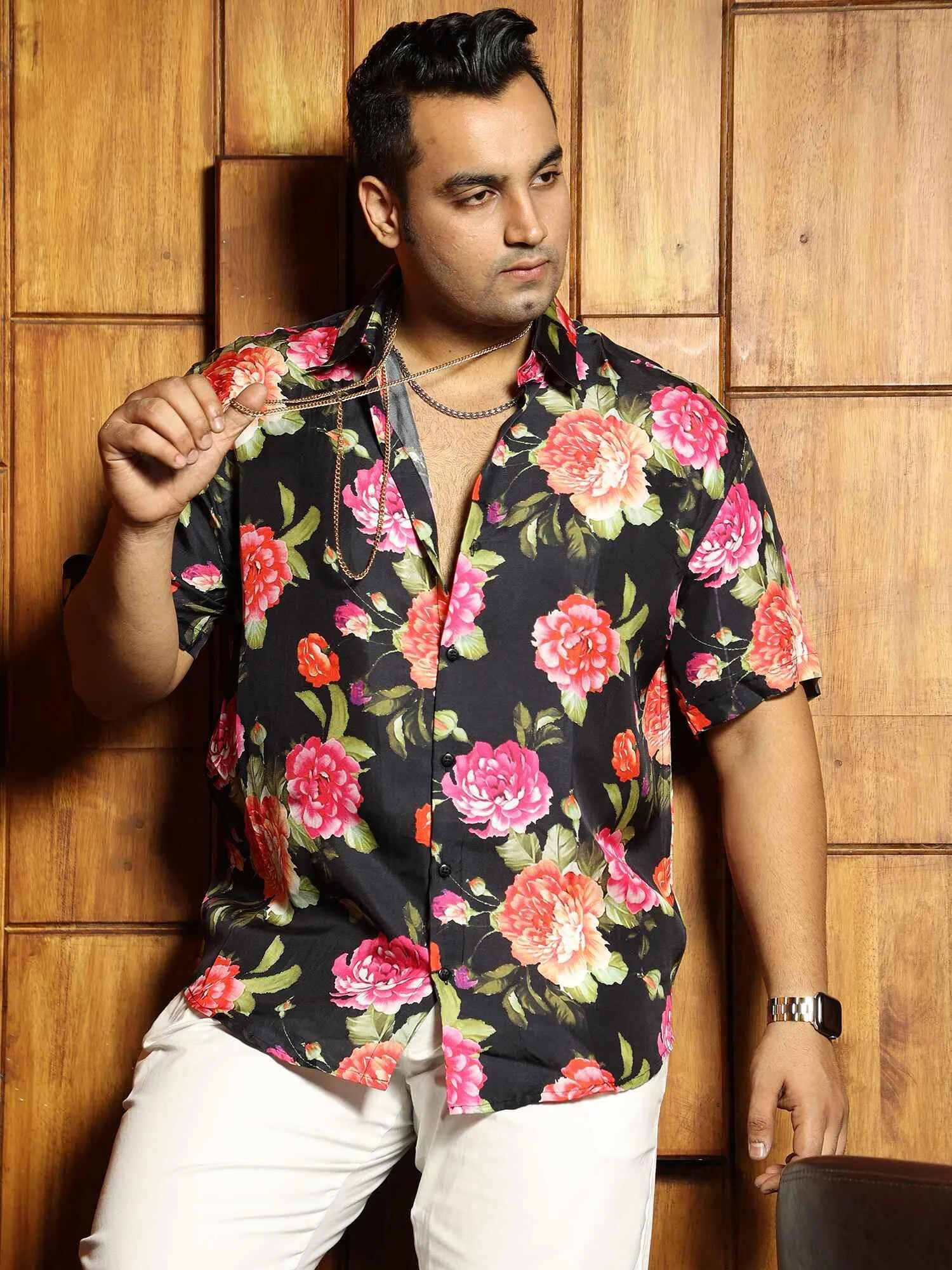 Rose on Night Printed Silk Half Shirt Men's Plus Size