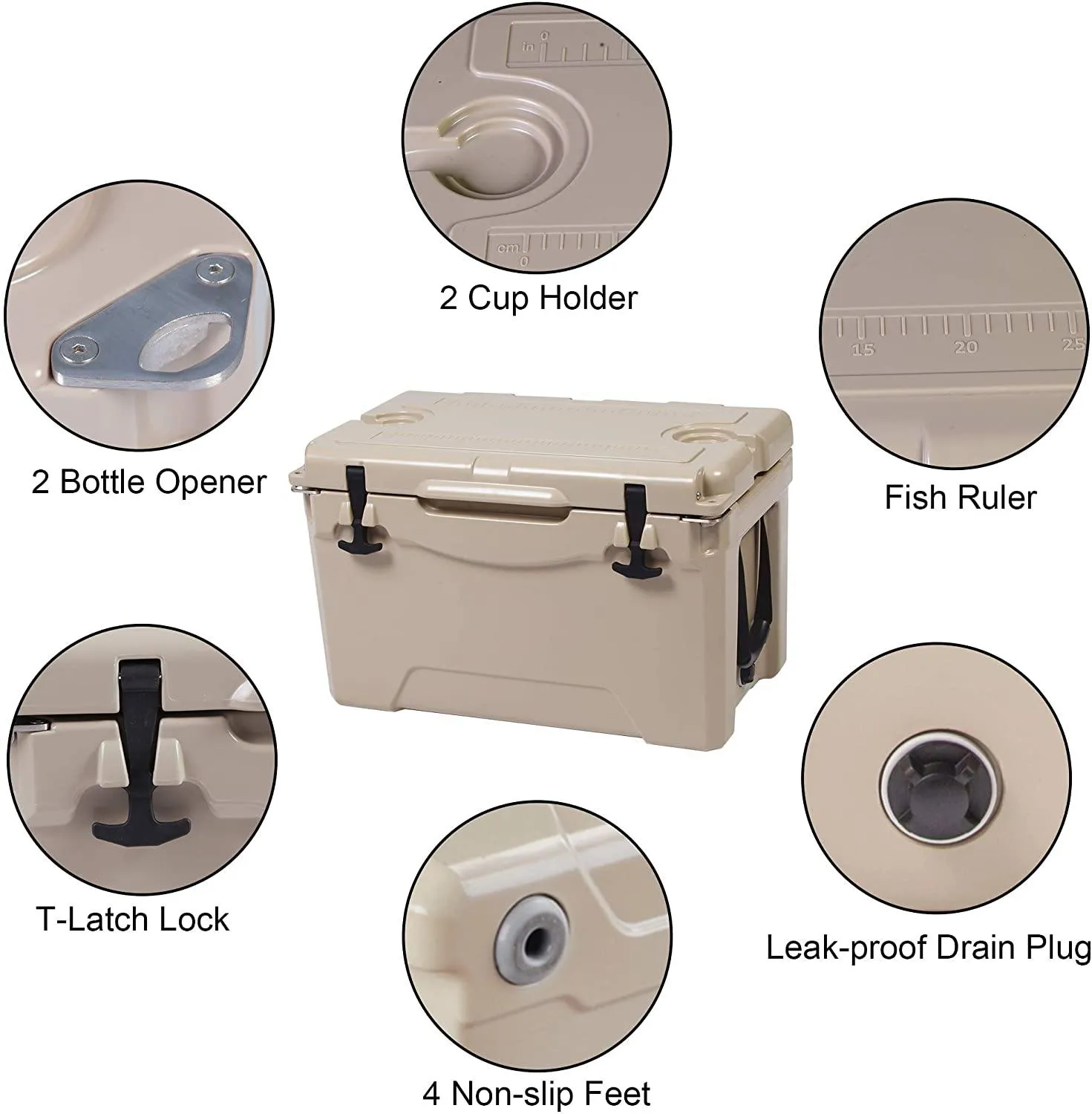 Rotomolded Cooler, 50QT Tan Cooler with Built-in Cup Holder, Bottle Openers, and Fish Ruler