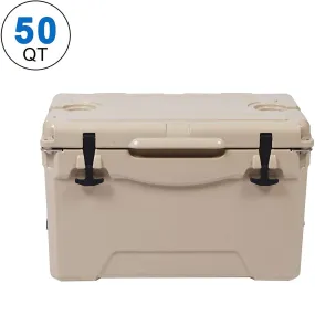 Rotomolded Cooler, 50QT Tan Cooler with Built-in Cup Holder, Bottle Openers, and Fish Ruler